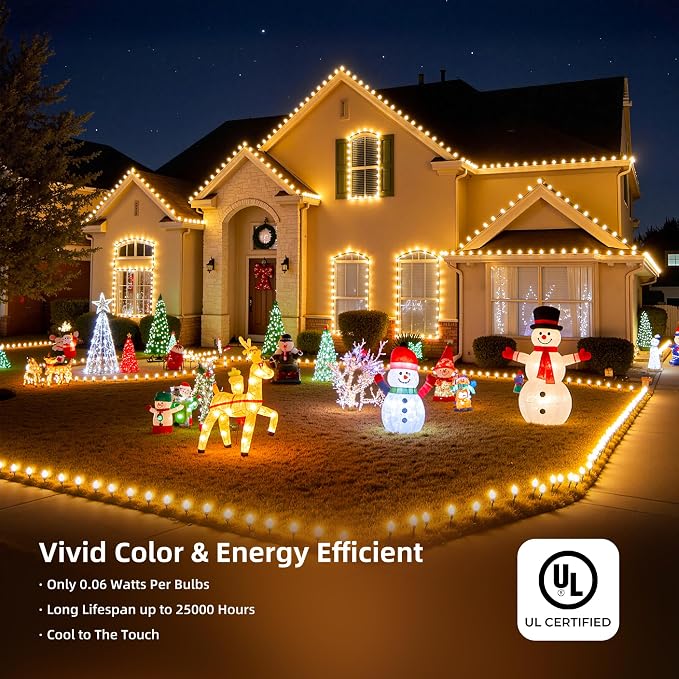 Brightown C9 Christmas Lights Outdoor 2 Pack, Total 162ft 200LED Warm White | with Timing & Memory, 8 Modes, Connectable, Waterproof - C9 Christmas Lights for Indoor Outside Tree Home Yard Decoration