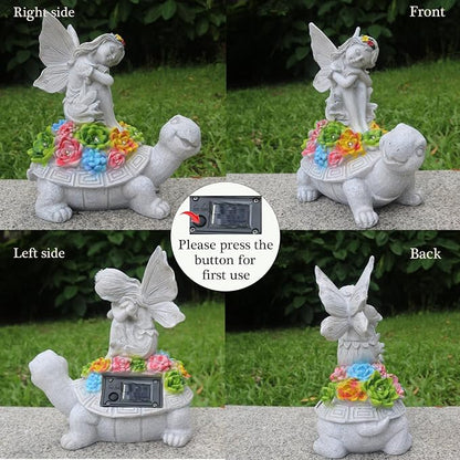 Garden Statues Outdoor Decorations Solar Turtle Angels Decor with Succulents LED Lights Garden Ornaments Figurines for Patio Yard Lawn Gifts for Women Grandma