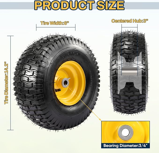 2PCS 15x6.00-6 Tire and Wheel Assembly, Replacement for Craftsman John Deere Cub Cadet Riding Mowers, 4 Ply Tubeless Lawn Mower Tires 15x6x6, 500lbs Capacity, 3" Centered Hub, 3/4" Bushing