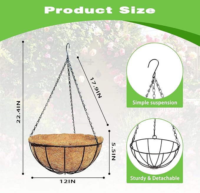 2 Pack 12 Inch Black Metal Hanging Basket Hanging Planter with Coco Coir Liner Heavy Duty Hanging Flower Pot Holder for Indoor Outdoor Patio Garden Porch Balcony Decor (Watermelon)