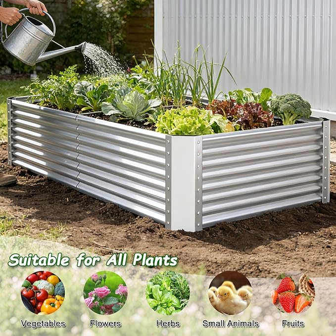 8x4x2ft Raised Garden Bed, Deep Root Planter Box, Silver,1 Pack | 1mm Thick Galvanized Steel, Resists Rust Bowing, Easy Assembly, Ideal Deep-Root Growing Condition for Broccoli,Beans,Tomatoes