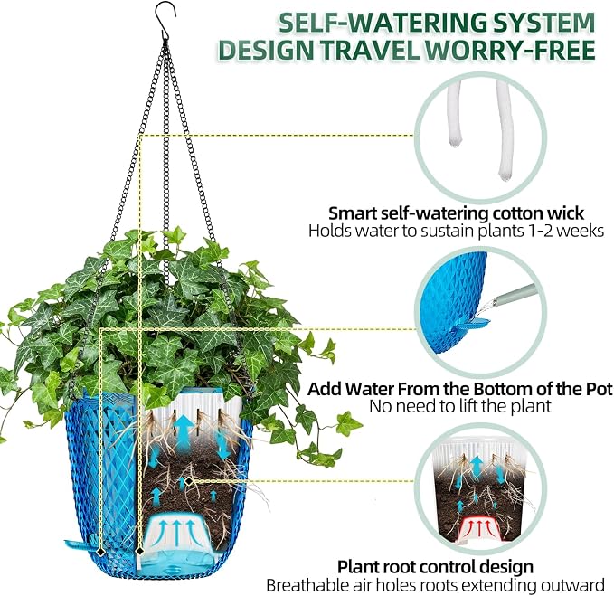 QCQHDU 5.7 Inch 2 Pack Small Hanging Planters for Indoor Outdoor Plants,Self Watering Flower Pots Hanging Basket Plant Hanger with Drainage Holes and 3 Hooks for Window Porch Garden Balcony, (Blue)