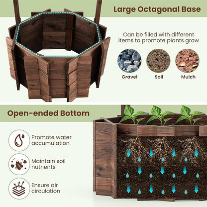HAPPYGRILL Wooden Wishing Well Planter with Hanging Bucket, Flower Plants Planter, Outdoor Wishing Wells for Yard,Wishing Well Planters for Outside, Home Decor