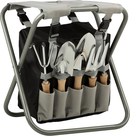 Pure Garden Garden Tools Set - Folding Stool with 250lb Capacity, Detachable 7 Pocket Bag, and 5 Gardening Tools for Weeding and Planting (Gray)