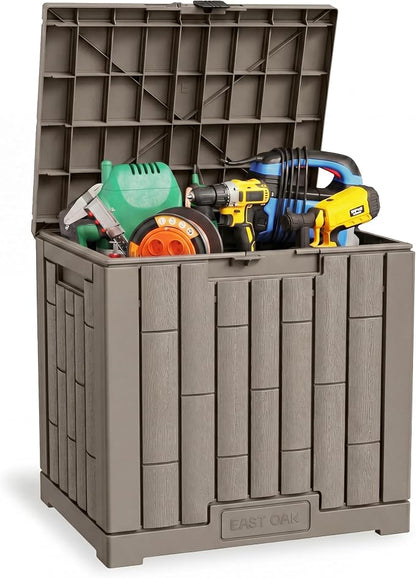 EAST OAK Outdoor Storage Box, 31 Gallon Deck Box, Waterproof Resin Storage Bin for Patio Cushions, Gardening Tools, Accessories, Lockable, UV Resistant, Brown