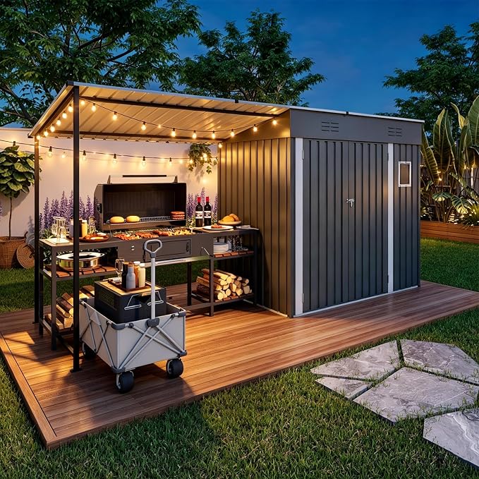 YOPTO 12x4 FT Metal Lean to Shed with Open-Sided Pergola,4x6 FT Outdoor Storage Shed & 6x4 FT Attached Hardtop Gazebo Combo,2-in-1 Durable Garden Tool Shed for Patio, Backyard, Deck,Gray