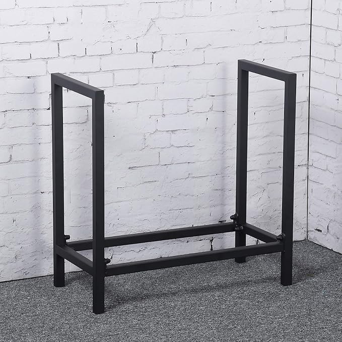 MBQQ Industrial Rustic 24" Firewood Log Rack for Home Fireplace Decoration, Indoor/Outdoor Wrought Iron Firewood Holder, Metal Lumber Storage Rack, Black
