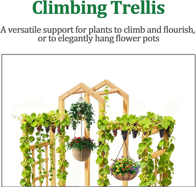 Raised Garden Bed with Arch Trellis, Wood Planter Box with Hanging Roof & Side Trellis, Above Ground Elevated Garden Bed for Outdoor Climbing Plants, Vines, Patio, Balcony