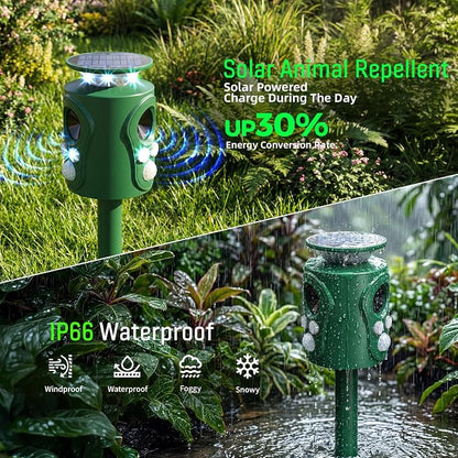 360° Solar Ultrasonic Animal Repeller Outdoor - Deer Cat Squirrel Repellent Devices with Eagle & Wolf Sound, Motion Sensor Bird Raccoon Deterrent, IP66 Waterproof (Deep Green)