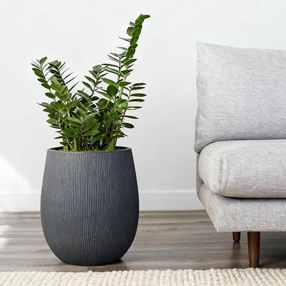 Worth Garden Dark Gray Round Planter, 9" Dia x 13" H Lightweight Magnesium Oxide Cement Plant Pot with a Striped Textured Finish, Raised Pattern Concrete Look, Drainage Hole, Indoor & Outdoor Use