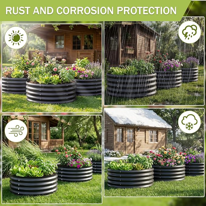 AHEONLAR 3PCS 2x2x2ft Galvanized Raised Garden Bed Kit Round Metal Flower Box Large Planter Raised Beds Outdoor Garden for Planting,Fruit,Herb Grey