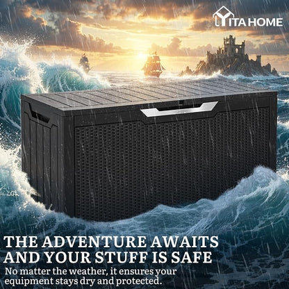 YITAHOME 80 Gallon Outdoor Storage Box | Large Water Resistant Resin Deck Box w/Silver Decorative PVC Trim Panel, Lockable Rattan Storage Container for Patio, Garden