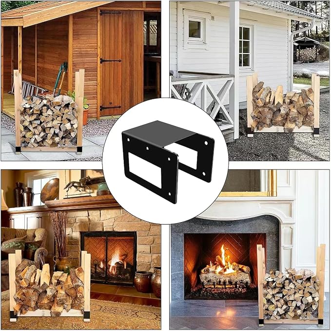 4 Pack Firewood Log Storage Rack Bracket,Indoor Outdoor Adjustable Heavy Duty Powder Coated Steel Holder,Fireplace Wood Storage, Log Holder