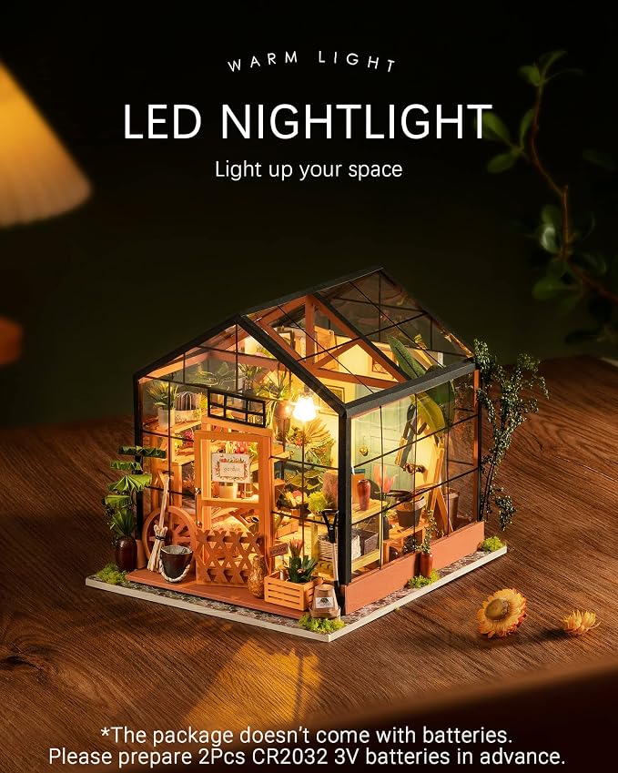 Rolife DIY Miniature House Kit, Cathy's Greenhouse Miniature Dollhouse with LED 1:18 Tiny/Mini House Making Kit Crafts Diorama Gifts Home Decor for Adults