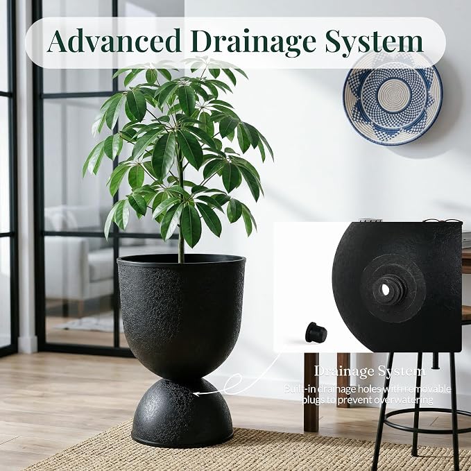 KOL Planters Flower Pots, Large Plastic Urn Planters for Indoor Outdoor Plants, Black Pedestal Planter Pots, 23 Inch Tall Decorative Planters with Drainage Holes & Plugs for Patio Garden, 1 Pack
