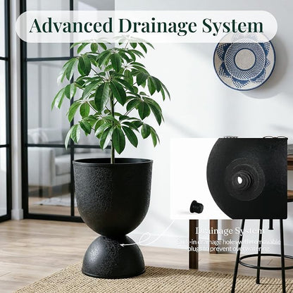 KOL Planters Flower Pots, Large Plastic Urn Planters for Indoor Outdoor Plants, Black Pedestal Planter Pots, 23 Inch Tall Decorative Planters with Drainage Holes & Plugs for Patio Garden, 1 Pack
