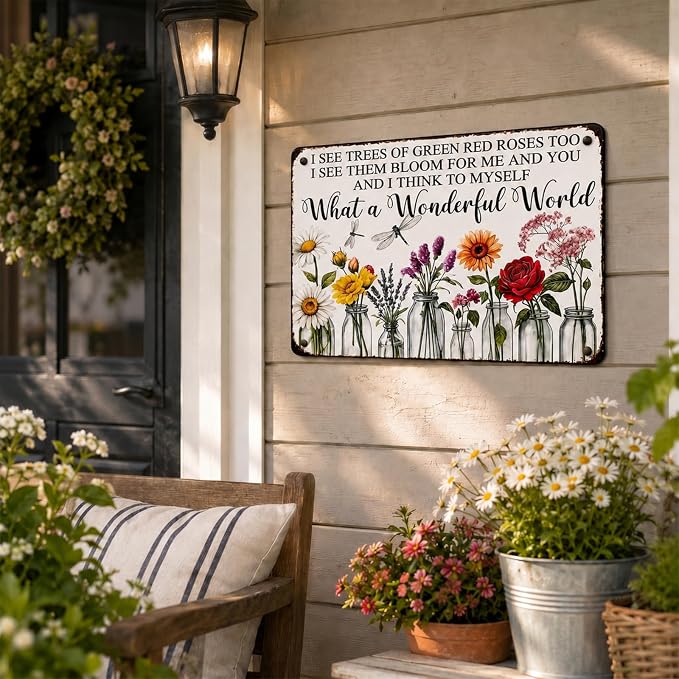 Vintage Flower Garden Metal Sign, 8x12 In Rustic Tin Wall Decor | floral metal sign with rope and 4 pins for garden, porch, patio, fence, farmhouse and home wall decor