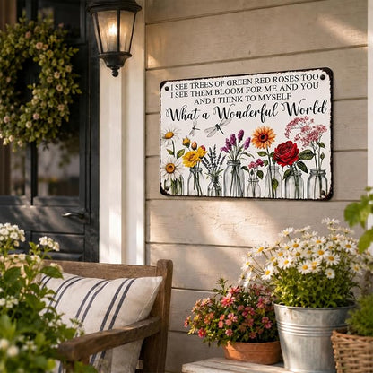 Vintage Flower Garden Metal Sign, 8x12 In Rustic Tin Wall Decor | floral metal sign with rope and 4 pins for garden, porch, patio, fence, farmhouse and home wall decor