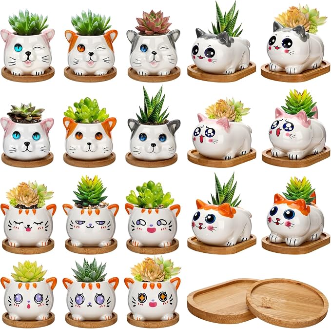 Cindeer 18 Pcs 2.5 Inch Cat Ceramic Succulent Planter Pots – Cute Cat Small Pots with Drainage Hole and Bamboo Tray for Succulents, Cactus, Home Garden Office Desk Decoration Gift Ideas