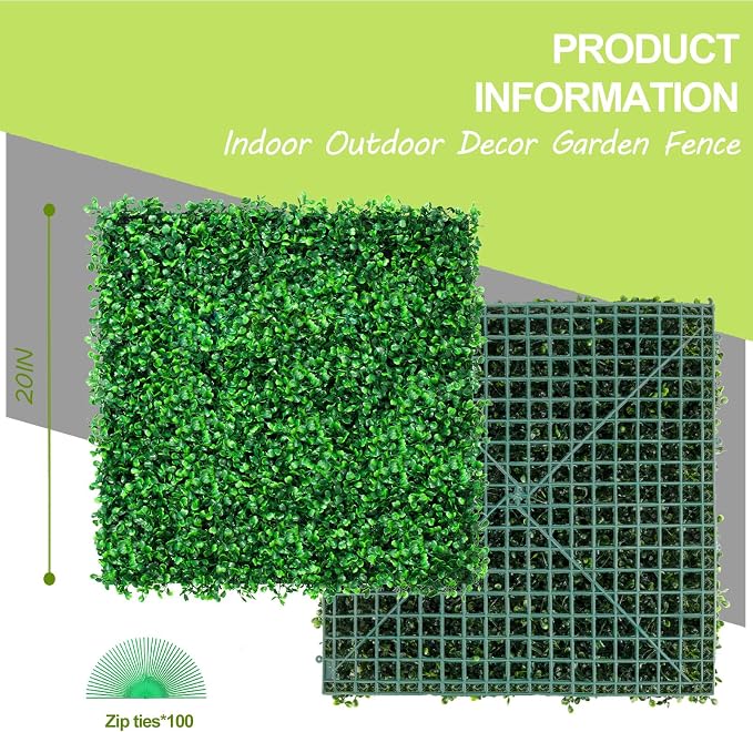 AOKIIE 20"x20" Artificial Grass Wall 24Pcs UV-Anti Boxwood for Outdoor | Grass Wall Panels UV-Anti & Weatherproof Boxwood Hedge, Privacy Greenery Screen for Outdoor Patio, Garden Fence Backdrop