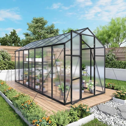 6x14 FT Greenhouse, Walk-in Outdoor Polycarbonate Garden Greenhouses with Aluminum Frame, 4mm PC Panels, Adjustable Roof Vents & Lockable Hinged Door for Backyard Growing, Black