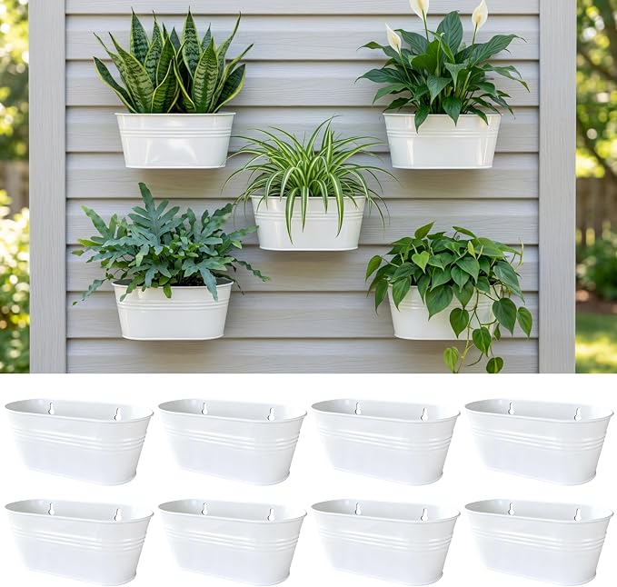 LaLaGreen Wall Planter (9.8 Inch, 8 Pack) White Oval Metal Wall Planters for Indoor Plants Hanging Decor Plant Holder Home Pots Mounted Garden Flower Balcony Decoration Porch Drainage Pot Baskets