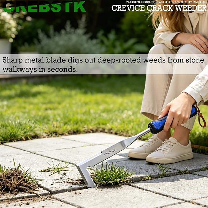 GREBSTK Crack Weeder Crevice Weeding Stainless Steel Sharp Lightweight Tool | Razor-Sharp Rust-Resistant L-Shaped Blade, Comfortable Non-Slip Handle, for Patio Cracks, Driveway Gaps, Walkway Edging
