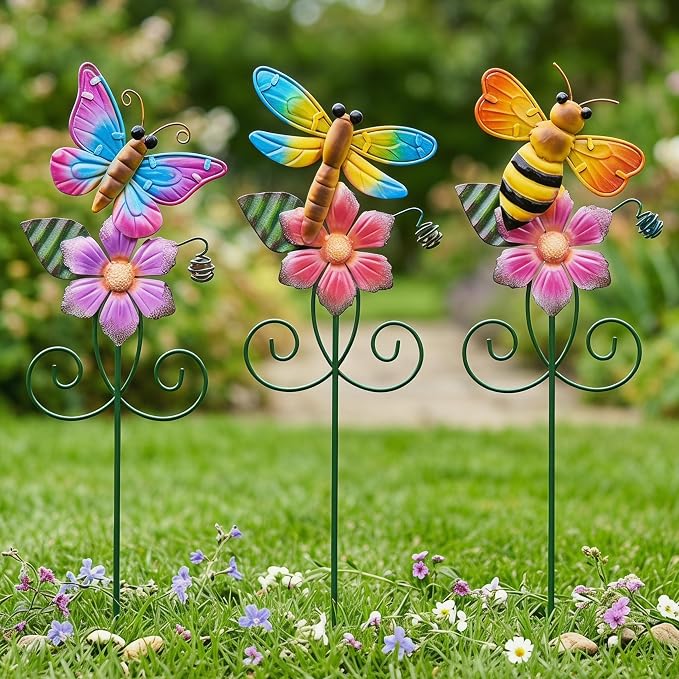 Topadorn Metal Garden Stakes Set of 3, Colorful Bee Butterfly & Dragonfly Garden Decor, Weatherproof Outdoor Yard Stakes for Lawn Patio Planters