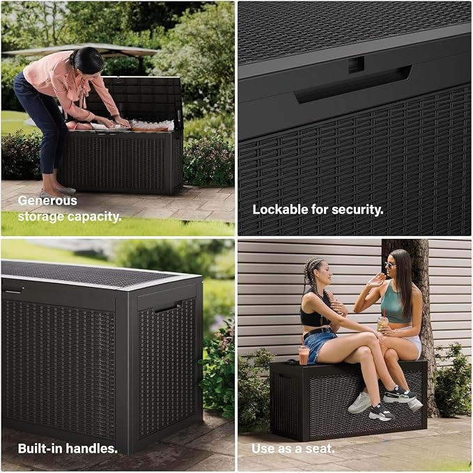 200 Gallon Resin Deck Box Waterproof Outdoor Storage Box for Patio Furniture Pool Accessories Indoor Storage for Cushion Garden Tools, Black