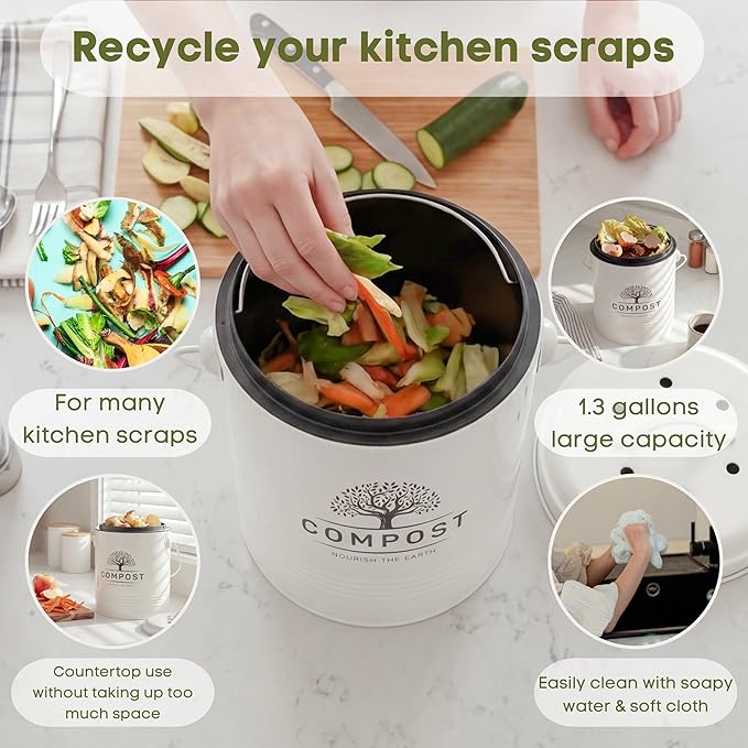 Perfnique Kitchen Compost Bin, 1.3 Gallon Countertop Compost Bin with Lid, Indoor Compost Bucket Includes Inner Bucket Liner and Carbon Filter, Small Compost Bin with Trash Bags (with Bags, Cream)