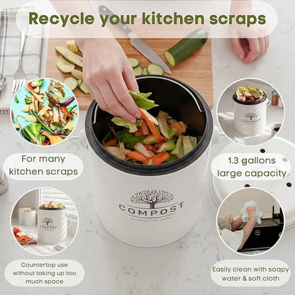 Perfnique Kitchen Compost Bin, 1.3 Gallon Countertop Compost Bin with Lid, Indoor Compost Bucket Includes Inner Bucket Liner and Carbon Filter, Small Compost Bin with Trash Bags (with Bags, Cream)