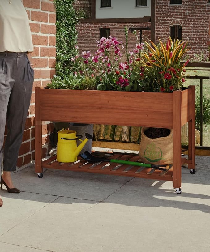IDEALHOUSE Rolling Elevated Planter Box on Wheels, 48x24x30 Inch Mobile Raised Garden Bed with Locking Casters, Storage Shelf, Wooden Outdoor Planter for Vegetables Flowers Patio Backyard, Oak