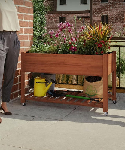 IDEALHOUSE Rolling Elevated Planter Box on Wheels, 48x24x30 Inch Mobile Raised Garden Bed with Locking Casters, Storage Shelf, Wooden Outdoor Planter for Vegetables Flowers Patio Backyard, Oak