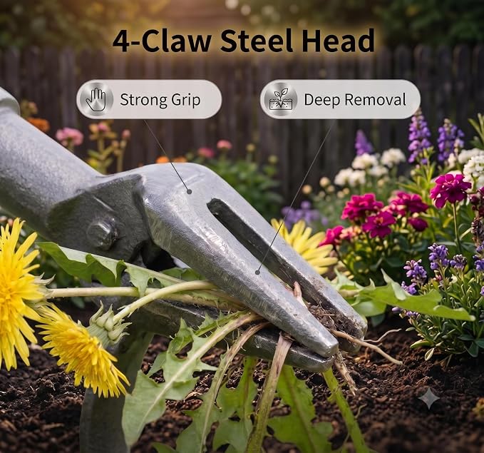 Premium Stand Up Weed Puller Tool with Long Bamboo Handle – Garden Weeder & Remover, 4-Claw Steel Head, Dandelion Digger for Lawn Care – Gardening Gift for Grandpa & Dad