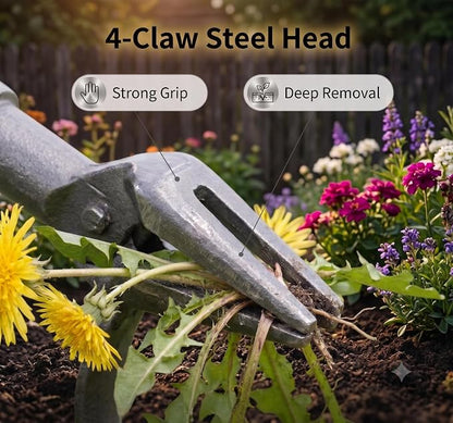 Premium Stand Up Weed Puller Tool with Long Bamboo Handle – Garden Weeder & Remover, 4-Claw Steel Head, Dandelion Digger for Lawn Care – Gardening Gift for Grandpa & Dad