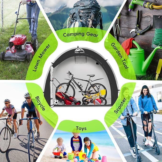 Happy Travel Bike Storage Tent Shed, Outdoor Waterproof Bicycle Covers Shelter with Window for 2/3/4/6/8 Bikes,Oversized Outside Portable Sheds for Lawn Mower,Garden Tools