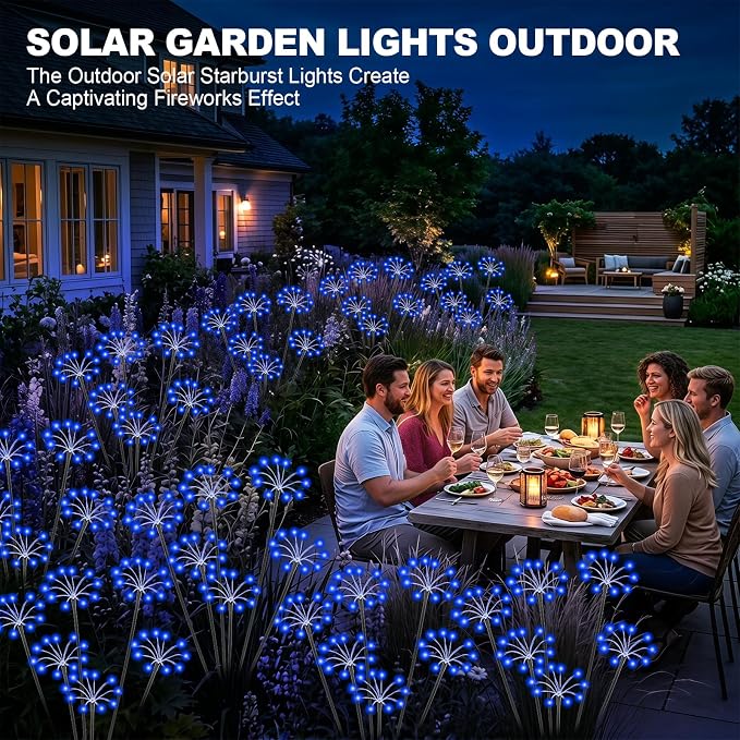 Solar Garden Lights Outdoor, 2 Pack New Upgraded Solar Swaying Starburst Light, Waterproof Fireworks Solar Lights, Yard Patio Pathway Decoration, Blue
