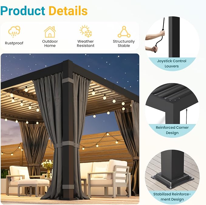 10' x 12' Louvered Pergola, Outdoor Pergola with Curtains & Netting, Aluminum Frame Patio Pergola with Adjustable Louvers Roof & Gutter System, Hardtop Gazebo for Patio, Deck, Garden, Yard, Dark Gray