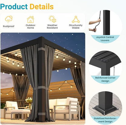 10' x 12' Louvered Pergola, Outdoor Pergola with Curtains & Netting, Aluminum Frame Patio Pergola with Adjustable Louvers Roof & Gutter System, Hardtop Gazebo for Patio, Deck, Garden, Yard, Dark Gray