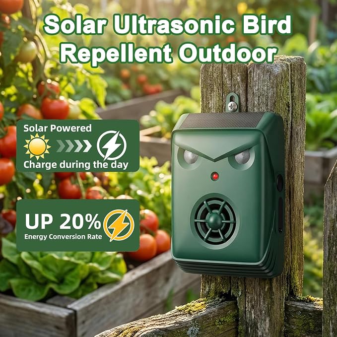 2026 New Solar Ultrasonic Bird Repellent Devices, Woodpecker Deterrent for House Siding, Waterproof Pigeon Repeller Outdoor Animal Repellent for Outside Balcony Patio Garden (2 Pack)