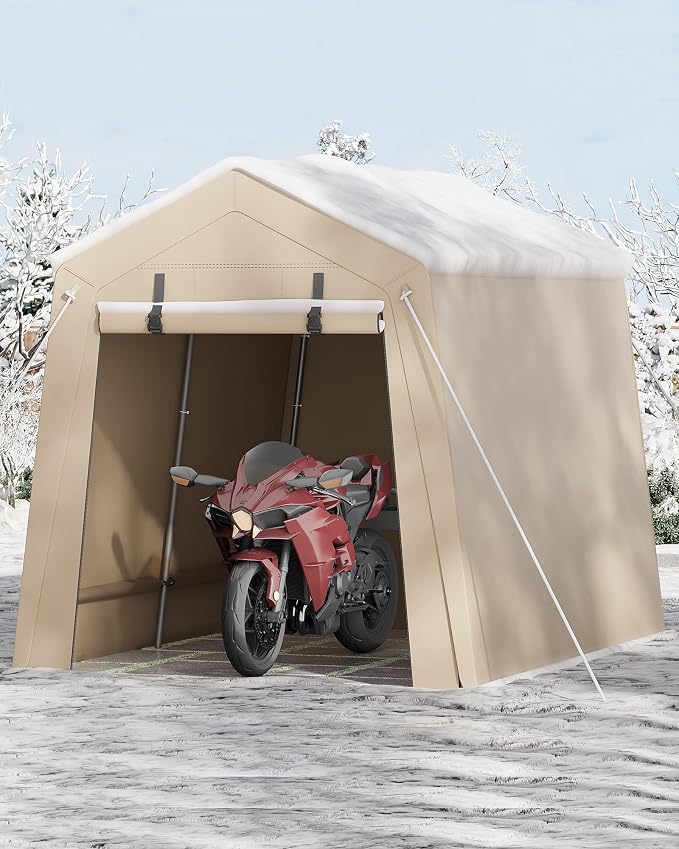 7 x 10 Ft Bike Shed ATV Storage Tent Portable Storage Shed Outdoor Carport Tarp Sheds with Roll-Up Door for Motorcycle, Car, Garden Tools Khaki