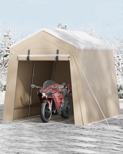 7 x 10 Ft Bike Shed ATV Storage Tent Portable Storage Shed Outdoor Carport Tarp Sheds with Roll-Up Door for Motorcycle, Car, Garden Tools Khaki