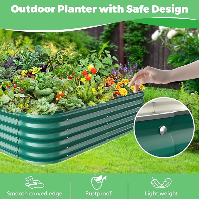 Green Painted Galvanized Raised Garden Bed, Garden Planter Bed Outdoor, Heavy Duty Rustproof Steel Raised Bed Kit for Gardening Vegetables Fruits Flowers Grow (Green, 4x4x1.5ft)