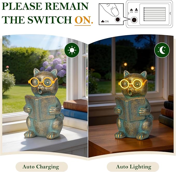 Solar Reading Cat Decor with Light-Up Glasses Patina Garden Statues | Resin Outdoor Animal Ornament for Patio Yard Porch, Birthday Housewarming Gifts for Women Cat Lovers