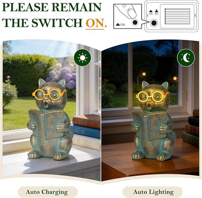 Solar Reading Cat Decor with Light-Up Glasses Patina Garden Statues | Resin Outdoor Animal Ornament for Patio Yard Porch, Birthday Housewarming Gifts for Women Cat Lovers
