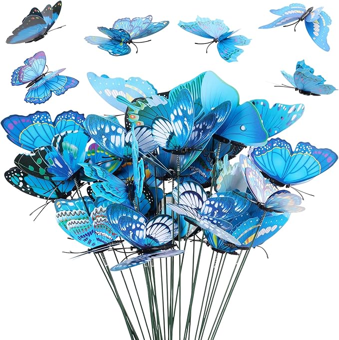 30PCS Blue Butterfly Decorations Artificial Garden Stakes for Garden Decor | 3D Double Layer Waterproof Flower Arrangements Outdoor Indoor Spring Garden Decor