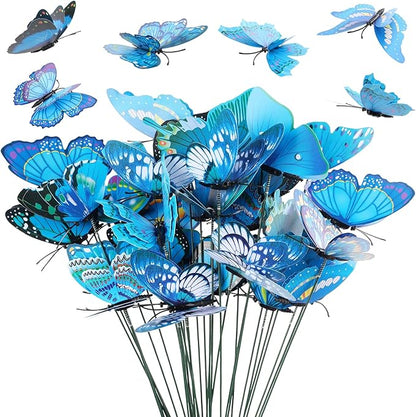 30PCS Blue Butterfly Decorations Artificial Garden Stakes for Garden Decor | 3D Double Layer Waterproof Flower Arrangements Outdoor Indoor Spring Garden Decor