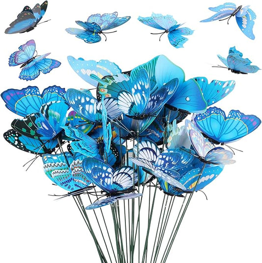 30PCS Blue Butterfly Decorations Artificial Garden Stakes for Garden Decor | 3D Double Layer Waterproof Flower Arrangements Outdoor Indoor Spring Garden Decor