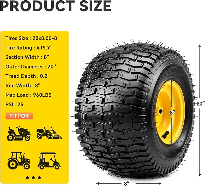 YITAMOTOR 20x8.00-8 Lawn Mower Tires & Wheel Assemblies, 4 Ply Tubeless Front Tires Replacement Fits Lawn Tractors, More Riding Mowers & Garden Vehicle | 3/4" Bore Hole, 3/16" Keyway, 960LBS (2 Pack)
