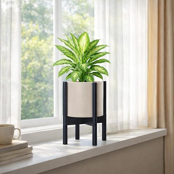 D'vine Dev Plastic Pot with Ebony Wood Stand, Oatmeal, 8 in, 55-C-K-4 | Mid-Century Inspired Design, Elevated Plant Display, Clean Lines, Sturdy Support, Modern Space-Saving Style